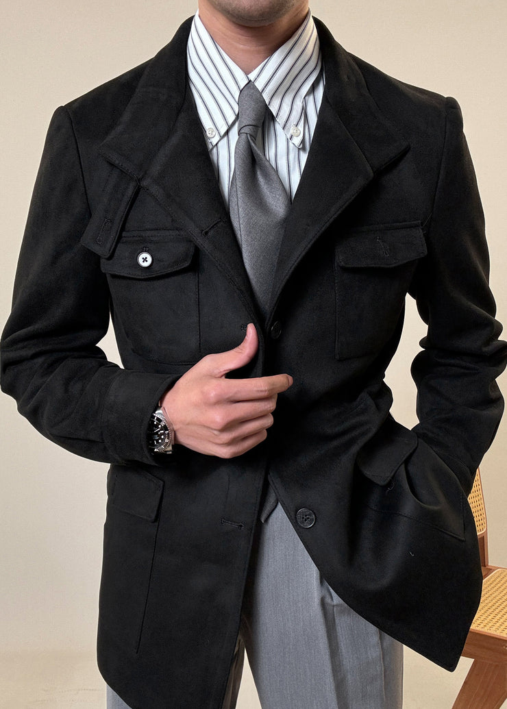 Loose Black Button Pockets Drawstring Faux Suede Men Coat