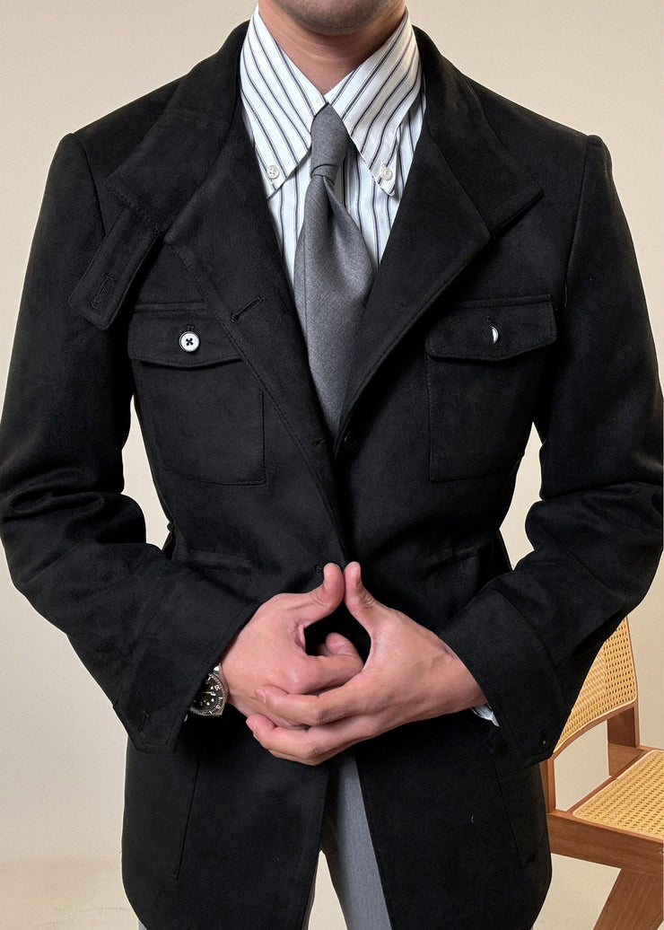 Loose Black Button Pockets Drawstring Faux Suede Men Coat