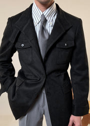 Loose Black Button Pockets Drawstring Faux Suede Men Coat