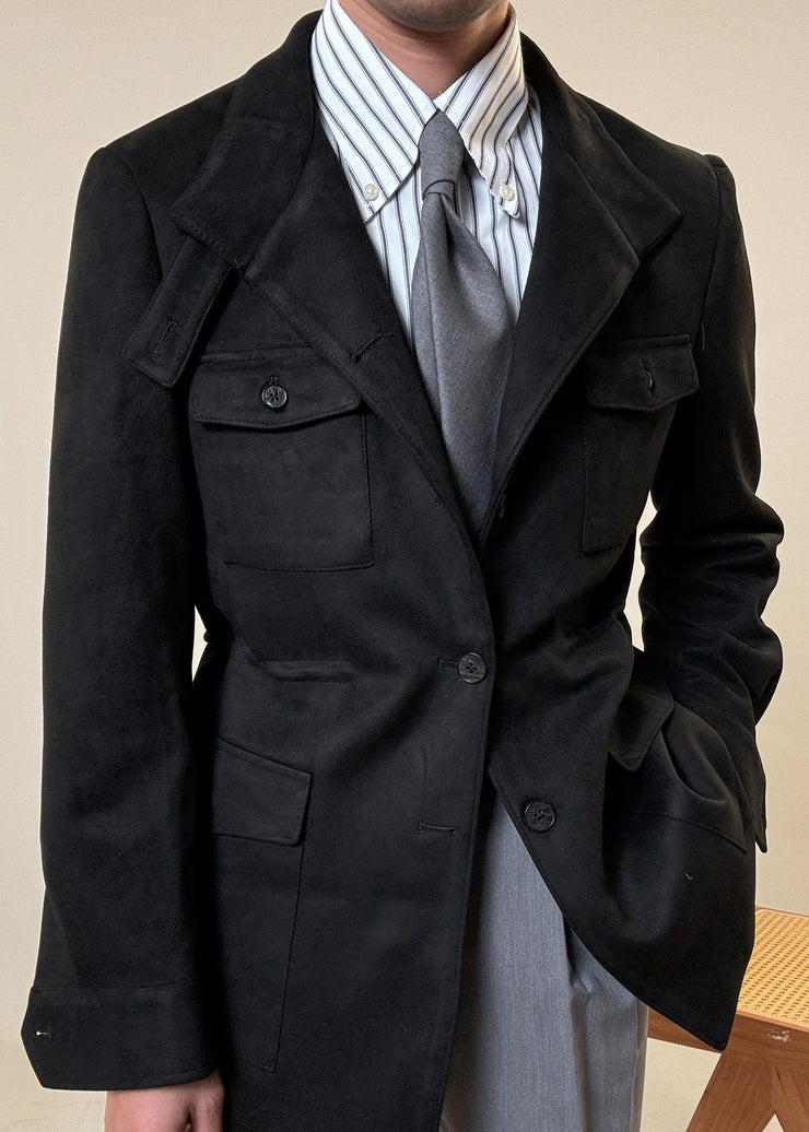Loose Black Button Pockets Drawstring Faux Suede Men Coat