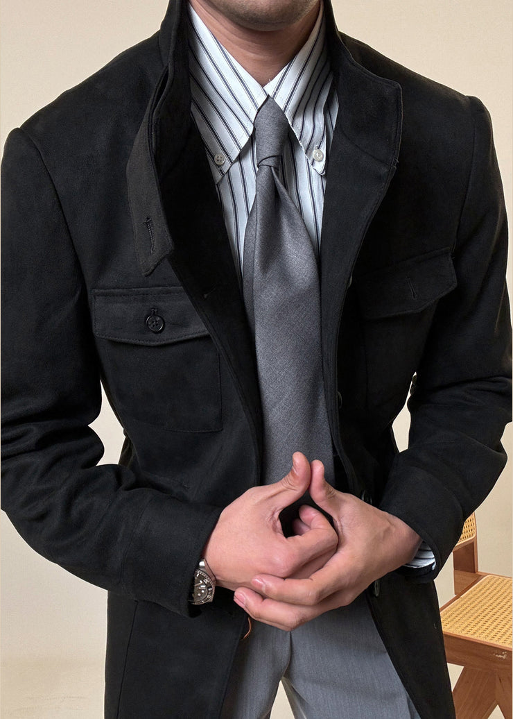 Loose Black Button Pockets Drawstring Faux Suede Men Coat