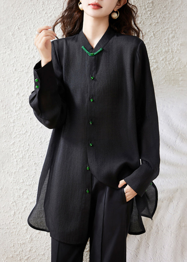Loose Black Button Side Open Chiffon Blouse Fall