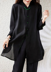 Loose Black Button Side Open Chiffon Blouse Fall