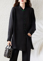 Loose Black Button Side Open Chiffon Blouse Fall
