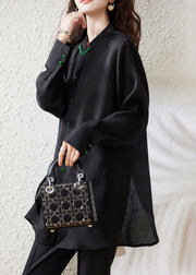 Loose Black Button Side Open Chiffon Blouse Fall