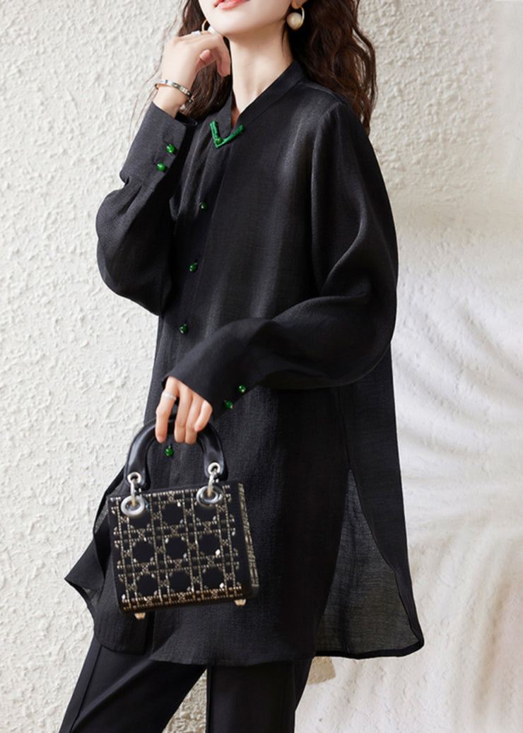 Loose Black Button Side Open Chiffon Blouse Fall
