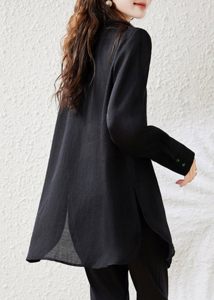 Loose Black Button Side Open Chiffon Blouse Fall