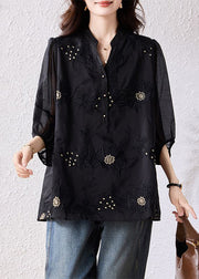 Loose Black Embroidered Nail Bead Cotton Blouses Bracelet Sleeve
