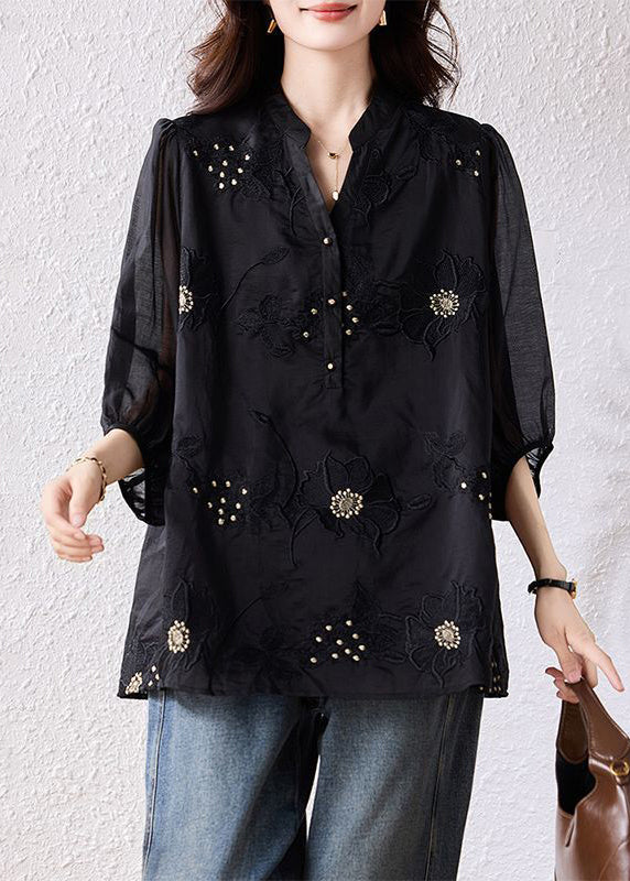 Loose Black Embroidered Nail Bead Cotton Blouses Bracelet Sleeve