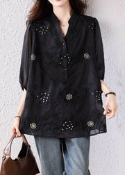Loose Black Embroidered Nail Bead Cotton Blouses Bracelet Sleeve