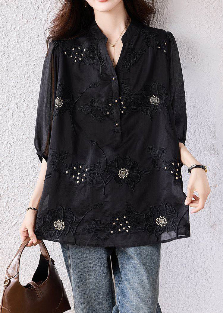 Loose Black Embroidered Nail Bead Cotton Blouses Bracelet Sleeve
