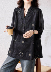 Loose Black Embroidered Nail Bead Cotton Blouses Bracelet Sleeve