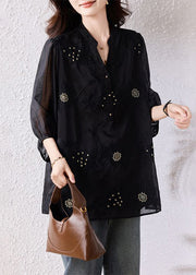 Loose Black Embroidered Nail Bead Cotton Blouses Bracelet Sleeve