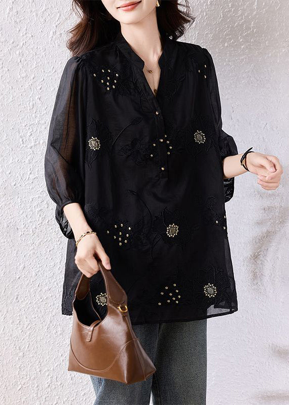 Loose Black Embroidered Nail Bead Cotton Blouses Bracelet Sleeve