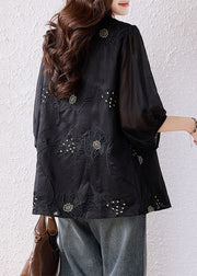 Loose Black Embroidered Nail Bead Cotton Blouses Bracelet Sleeve