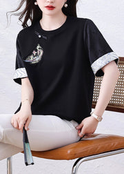Loose Black Embroidered Patchwork Cotton Shirt Tops Summer