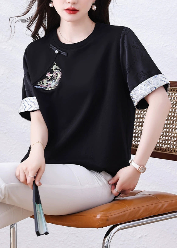 Loose Black Embroidered Patchwork Cotton Shirt Tops Summer