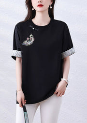 Loose Black Embroidered Patchwork Cotton Shirt Tops Summer