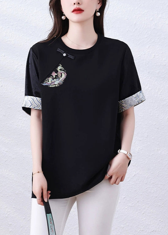 Loose Black Embroidered Patchwork Cotton Shirt Tops Summer