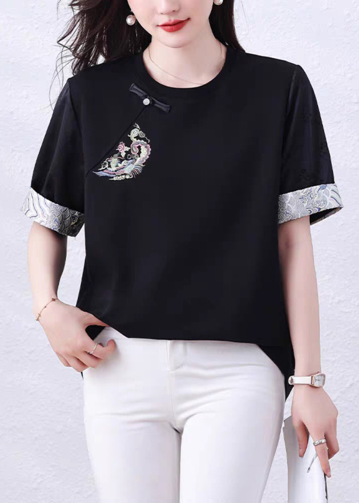 Loose Black Embroidered Patchwork Cotton Shirt Tops Summer
