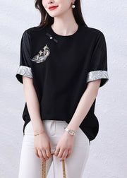Loose Black Embroidered Patchwork Cotton Shirt Tops Summer