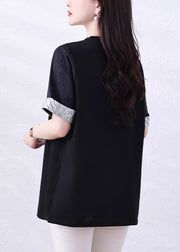 Loose Black Embroidered Patchwork Cotton Shirt Tops Summer