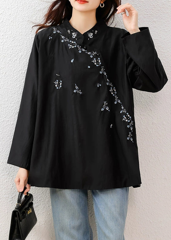 Loose Black Embroidered Side Open Cotton Blouses Fall