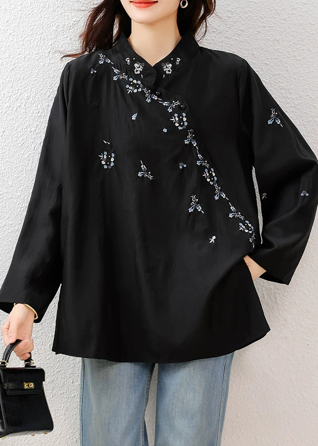 Loose Black Embroidered Side Open Cotton Blouses Fall