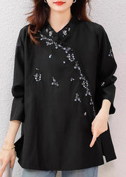 Loose Black Embroidered Side Open Cotton Blouses Fall