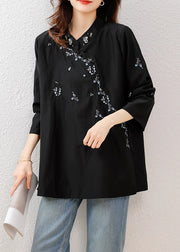 Loose Black Embroidered Side Open Cotton Blouses Fall
