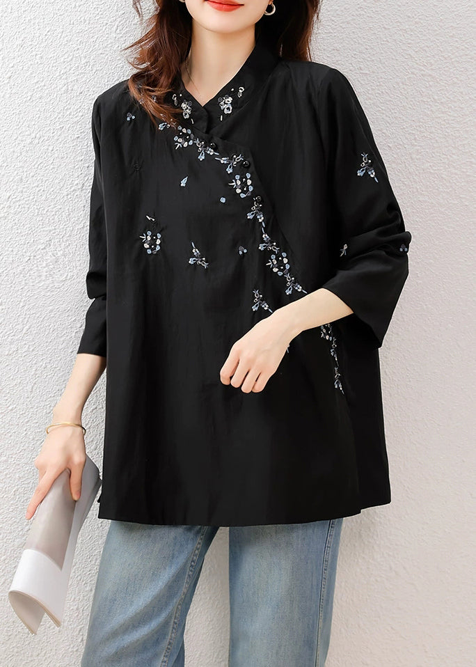 Loose Black Embroidered Side Open Cotton Blouses Fall