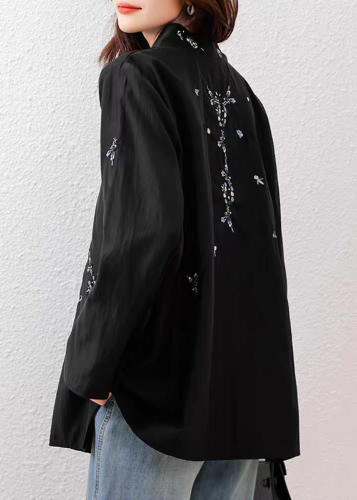 Loose Black Embroidered Side Open Cotton Blouses Fall