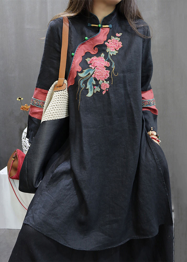 Loose Black Embroidered Side Open Linen Shirts Fall