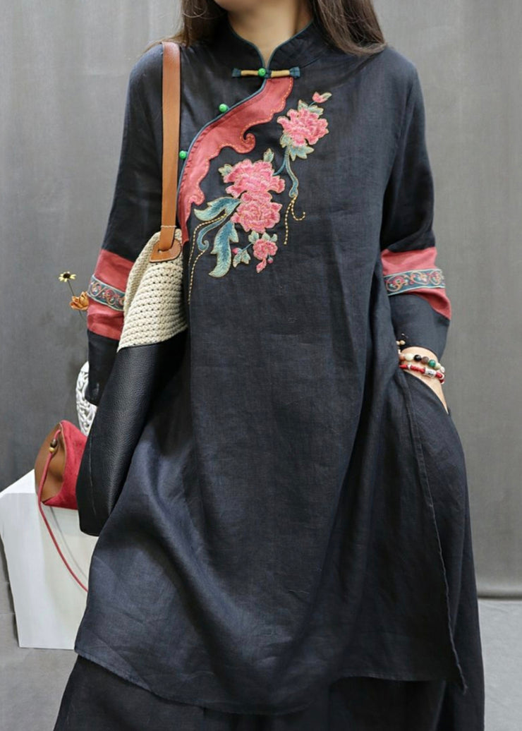 Loose Black Embroidered Side Open Linen Shirts Fall