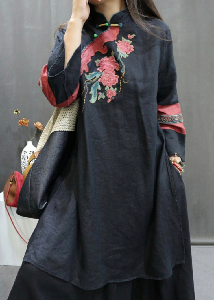Loose Black Embroidered Side Open Linen Shirts Fall