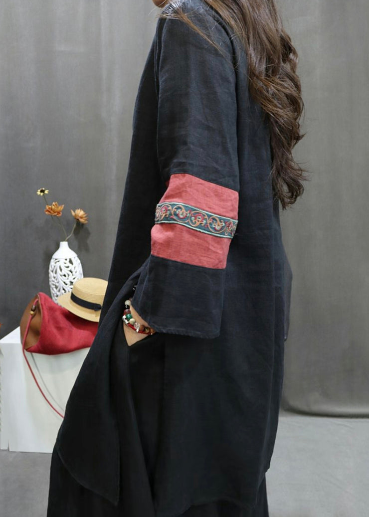 Loose Black Embroidered Side Open Linen Shirts Fall