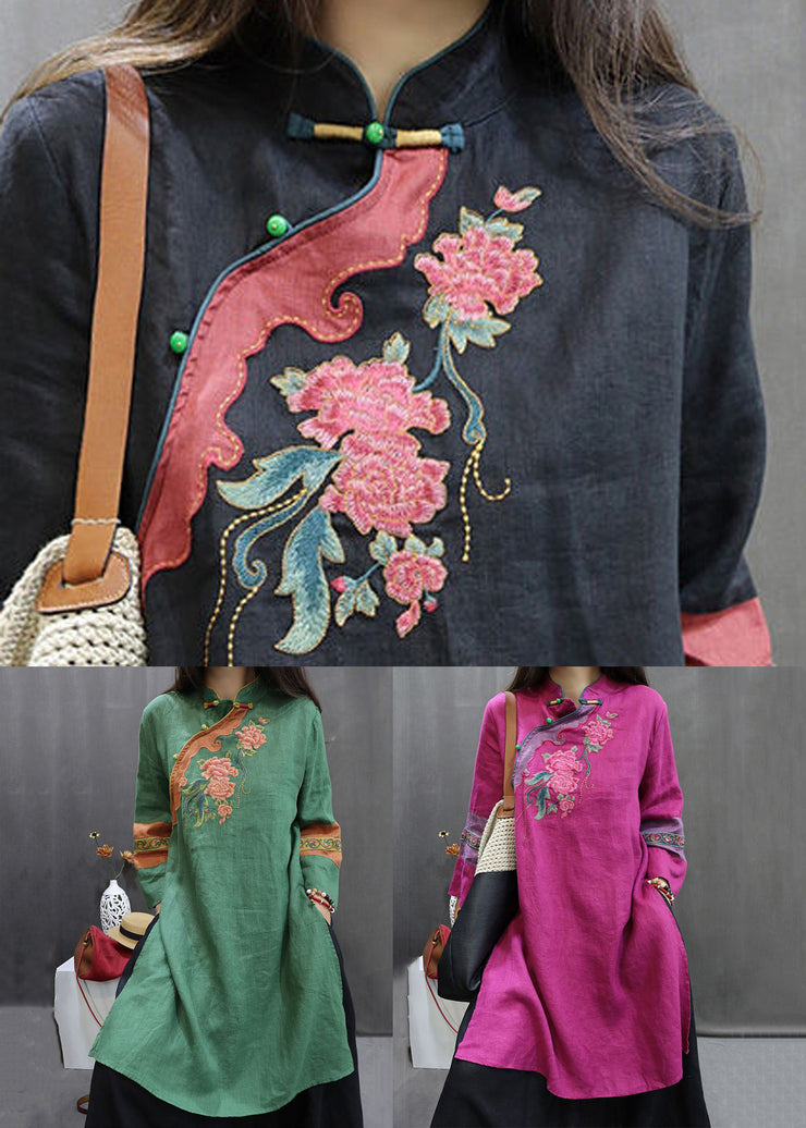 Loose Black Embroidered Side Open Linen Shirts Fall