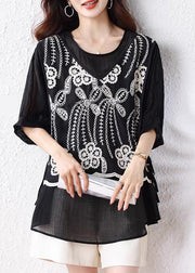 Loose Black False Two Pieces Lace Up Cotton T Shirts Half Sleeve