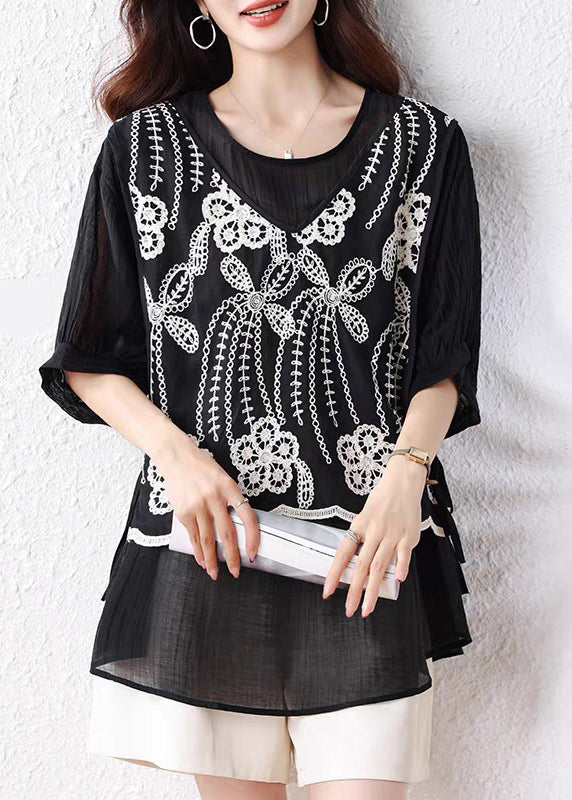 Loose Black False Two Pieces Lace Up Cotton T Shirts Half Sleeve