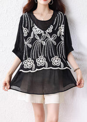 Loose Black False Two Pieces Lace Up Cotton T Shirts Half Sleeve