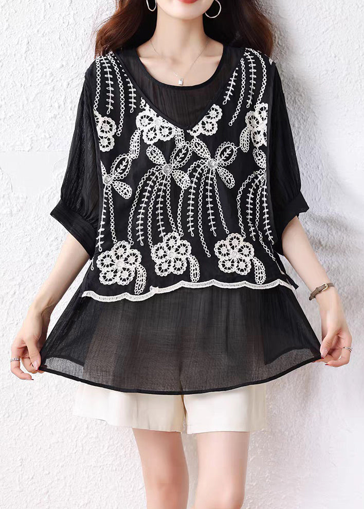 Loose Black False Two Pieces Lace Up Cotton T Shirts Half Sleeve