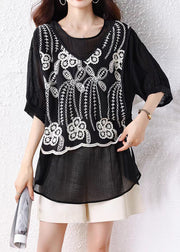 Loose Black False Two Pieces Lace Up Cotton T Shirts Half Sleeve
