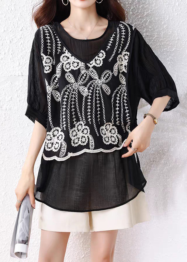 Loose Black False Two Pieces Lace Up Cotton T Shirts Half Sleeve