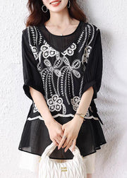 Loose Black False Two Pieces Lace Up Cotton T Shirts Half Sleeve