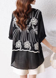 Loose Black False Two Pieces Lace Up Cotton T Shirts Half Sleeve