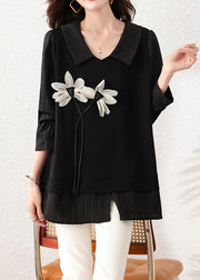 Loose Black Floral Front Open Cotton Shirt Tops Summer