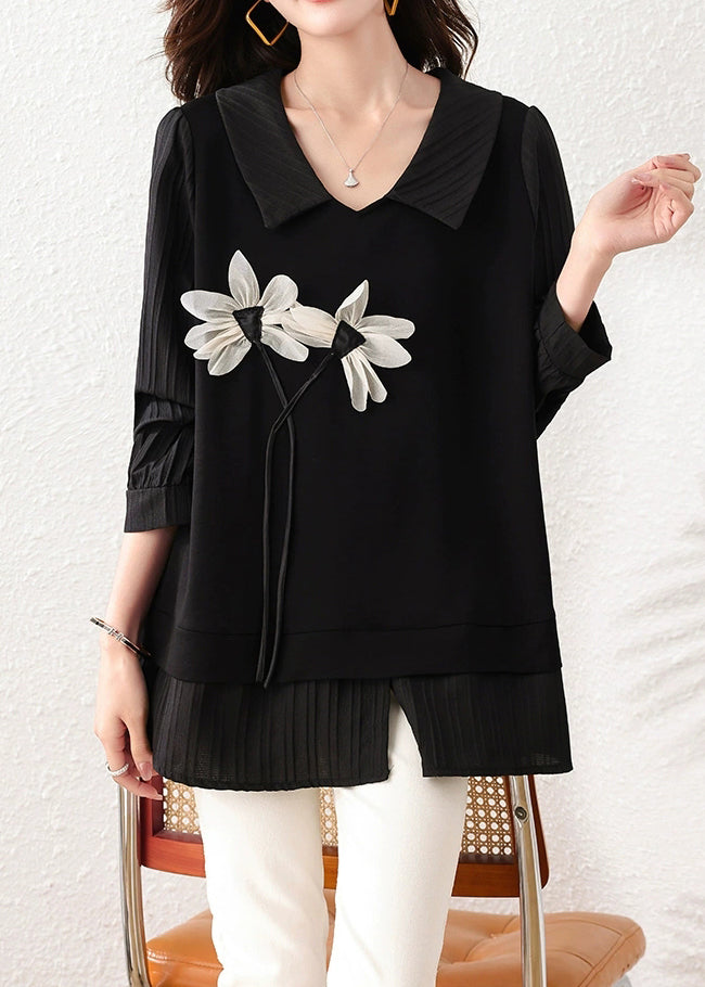Loose Black Floral Front Open Cotton Shirt Tops Summer