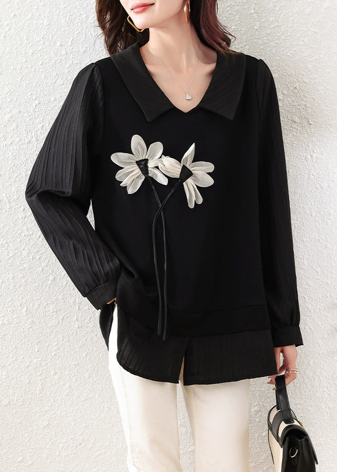 Loose Black Floral Front Open Cotton Shirt Tops Summer