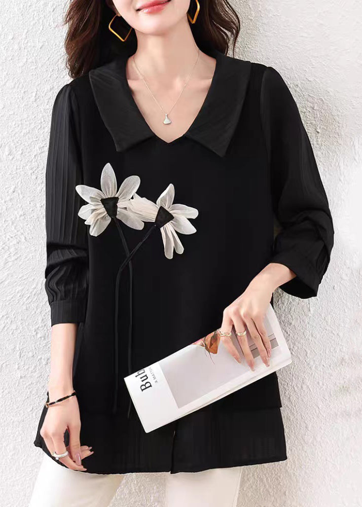 Loose Black Floral Front Open Cotton Shirt Tops Summer