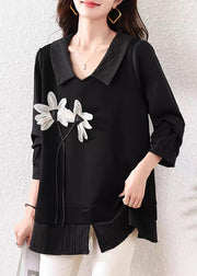 Loose Black Floral Front Open Cotton Shirt Tops Summer